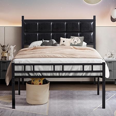 VECELO Twin Bed Frame with PU Upholstered Headboard, Heavy Duty Platform Bedframes, Metal Slats Support, No Box Spring Needed, Matte Black