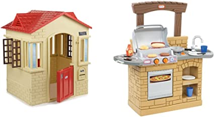 Little Tikes Cape Cottage Playhouse with Working Doors, Windows, and Shutters - Tan & Cook 'n Play Outdoor BBQ , Brown