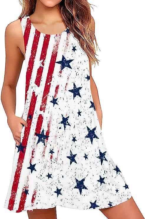 Women's American Flag Summer Sleeveless Stars Stripes Printed Midi Patriotic Beach Sundress
