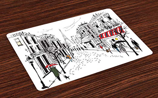 Ambesonne Paris Place Mats Set of 4, Old French Pedestrians Stores Trees and The Silhouette of Eifffel Urban Illustration, Washable Fabric Placemats for Dining Room Kitchen Table Decor, Gray White