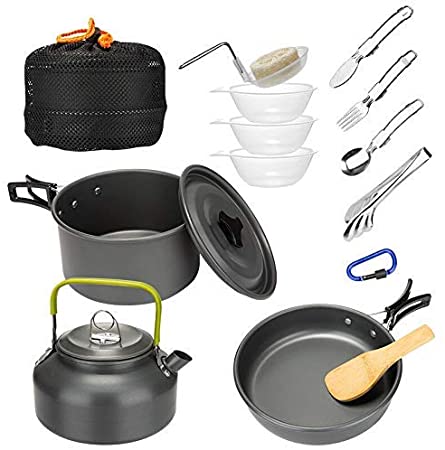 Lion Camping Cookware Kettle Pot Pan Mess Kit，10pcs/15pcs Lightweight Backpacking Gear with Fork Knife Spoon for Outdoor Camping Backpacking Hiking Picnic