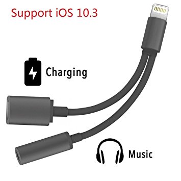 [Upgrade Version]2 in 1 Lightning iPhone 7 Adapter , Compatible with IOS 10.3 System, Sprtjoy Lightning to 3.5mm and Charger, Lightning Audio Adapter Earphone Jack Cable for iPhone 7 / 7 Plus [Black]