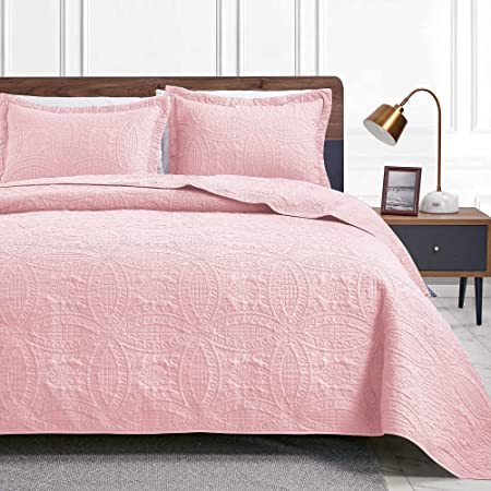 Love's cabin Quilts for Queen Bed Pink Bedspreads - Soft Bed Summer Quilt Lightweight Microfiber Bedspread- Modern Style Coin Pattern Coverlet for All Season - 3 Piece (1 Quilt, 2 Pillow Shams)