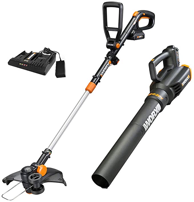 Worx WG930.2 20V PowerShare 10" Cordless String Trimmer & Turbine Blower Combo Kit, (2) 2.0Ah Batteries and Dual Charger