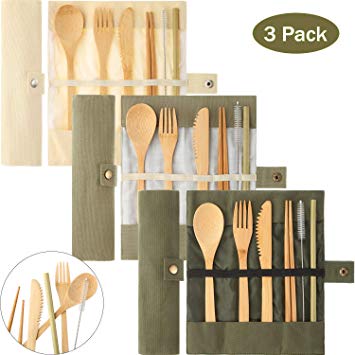 3 Set Bamboo Cutlery Set, Reusable Bamboo Utensil Include Knife, Fork, Spoon, Chopsticks, Reusable Straw for Travel Picnic Office School (White, Light Green and Dark Green）