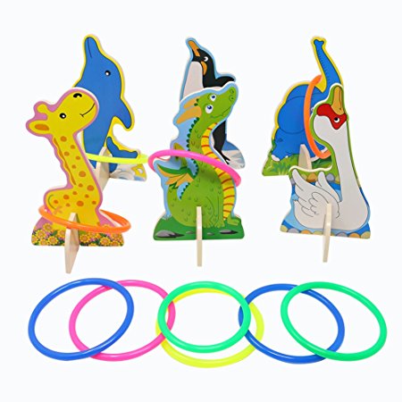 Tacobear Ring Toss Game for Kids 6 Wooden Animals 10 Plastic Colorful rings Educational Toys