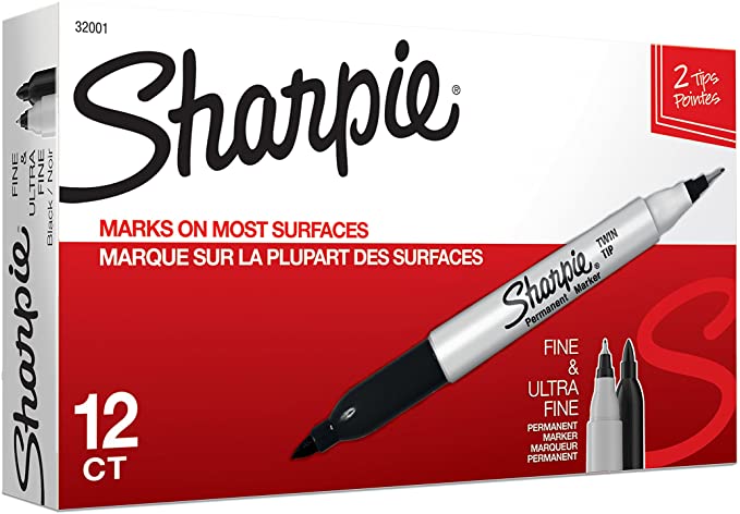Sharpie TWIN TIP Marker Permanent, Permanent Marker Fine   Ultra Fine, 12 Pack, Black Ink (32001)