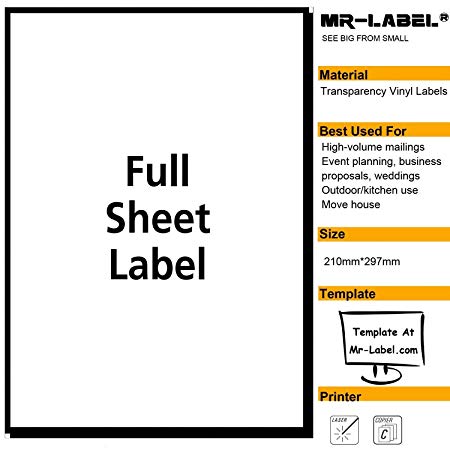 Mr-Label Extra Large Clear Full-Sheet Strong Adhesive Labels -Transparent Tear-Resistant Waterproof Stickers for Kitchen Use | Manufacturing and Storage - Laser Print Only (10 Sheets)