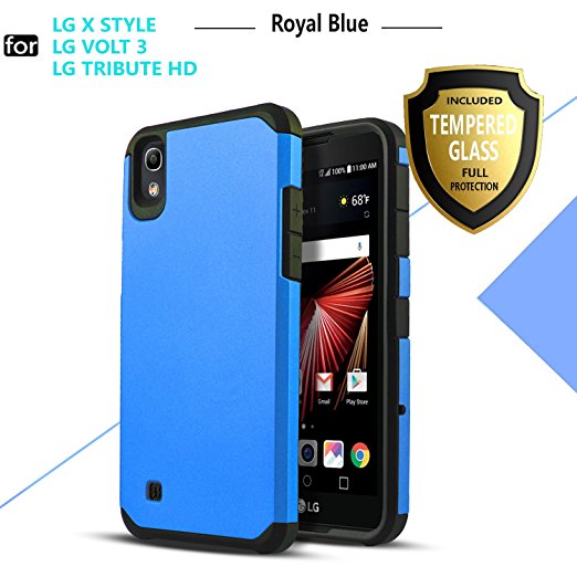 LG Tribute HD Case, LG X Style Case, LG Volt 3 Case, Starshop Hybrid Heavy Duty Rugged Impact Advanced Armor Soft Silicone Cover With [0.33m 9H Tempered Glass Screen Protector Included] (Blue)