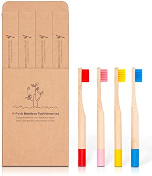 4 Pcs Kids Bamboo Toothbrushes, Eco-Friendly Color Bristles, Biodegradable Round Mould Proof Handle