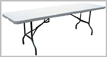 FT-3, Large fold-in-half 8Ft Folding Table. SUPER TOUGH. Ideal for almost any activity, especially popular with events organisers, education establishments, exhibition organisers, boot sales, community centres and caterers. 98% Next Day Delivery. 2 Year Warranty.