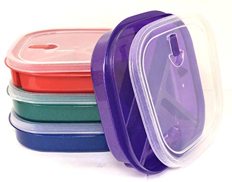 Vrinda (Set of 4) Microwave Food Storage Tray Container Square - 3 Section/Compartment Divided Plates w/Vented Lid