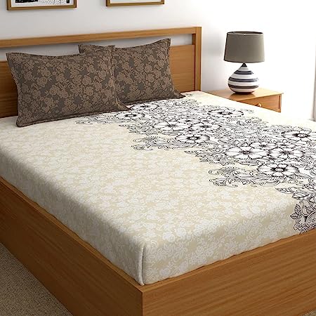 My Room 100% Cotton Fitted King Bedsheet with 2 Pillow Covers Cotton, 140tc Floral Brown Bedsheets for King Bed Cotton 72” x 78” or 6ft x6.5ft