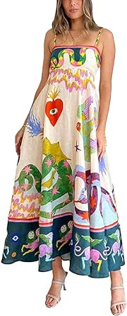 Women Floral Maxi Bodycon Dress 2024 Boho Flowy Going Out Slip Dress Y2k Graffiti Spaghetti Strap Picnic Sun Dress