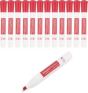 Amazon Basics Dry Erase Markers For Whiteboards, Chisel Tip, Low-Odor, Red, Pack of 12