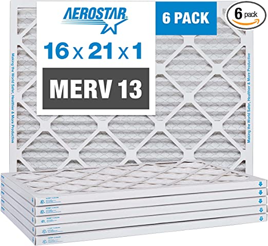 Aerostar 16x21x1 MERV 13 Pleated Air Filter, AC Furnace Air Filter, 6 Pack (Actual Size: 15 7/8" x 20 7/8" x 3/4")
