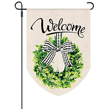 Boxwood Wreath Welcome Garden Flag Home Vertical Double Sided Garden Flag for Summer Fall Buffalo Plaid Bow Yard Outdoor Garden Yard Decorations, 12.5 x 18 Inch