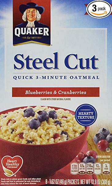 Quaker, Steel Cut, Quick 3-Minute Oatmeal, 8 Count, 12.9oz Box (Pack of 3) (Choose Flavor) (Blueberries & Cranberries)