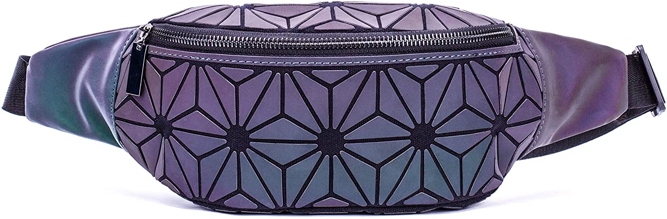 Suuran Holographic Rave Fanny Pack Geometric Waist Bag for Women&Men, Travelling Luminous Belt Bum Bag Iridescent Chest Bag for Festival, Running, Sports, Travelling- NO.2