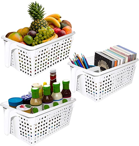 Kurtzy White Handy Storage Baskets/Boxes with handles Pack of 3 - Plastic Kitchen Organizers - Stackable Shelf Baskets for Bedroom, Office, Wardrobe, and Bathroom Containers 28x13x11 cm