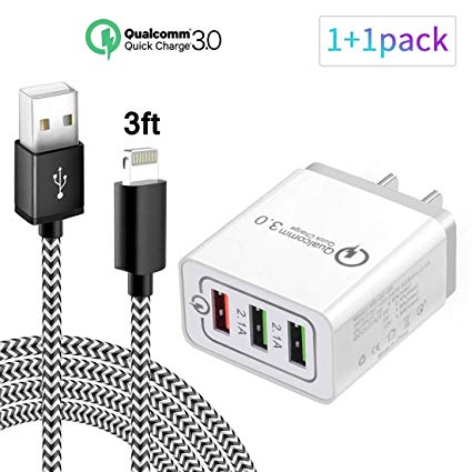 iPhone Charger, Quick Charge 3.0 iPhone Lightning Cable 3FT(2 Pack), 3 Ports Tablet iPad iPhone Charger Adapter Qualcomm Quick Charge 3.0 Plug Compatible iPhone X/8/8Plus/7Plus/7/6s/6s Plus/6 Plus/SE