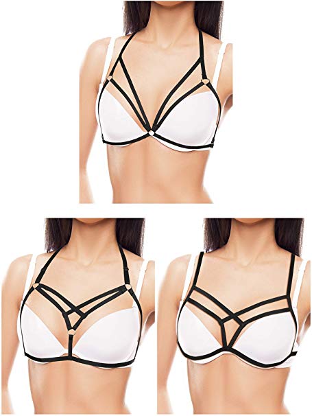 Boao 3 Pieces Women Strappy Harness Hollow Out Body Cross Cage Bra Cupless Lingerie for Women Girls Supplies