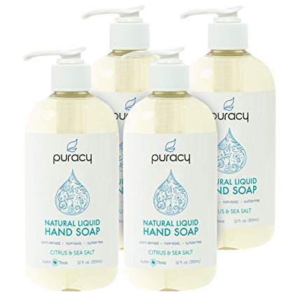 Puracy Natural Liquid Hand Soap, Sulfate-Free Gel Hand Wash, Citrus & Sea Salt, 12 Ounce (4-Pack)