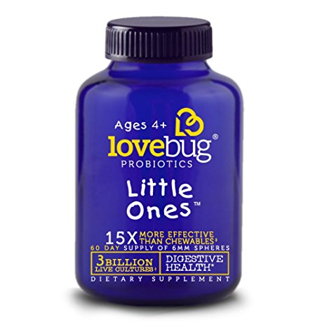 LoveBug Probiotics ♥︎ Little Ones - Children's Multi-Strain Probiotic Supplement. 60 Easy-to Swallow spheres. 3 Billion CFU. Sugar Free Tablets.