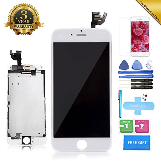 LCD Touch Screen Display Digitizer Replacement Assembly Full Set Compatible For iPhone 6 4.7 Inch Repair Tool Kit (White)