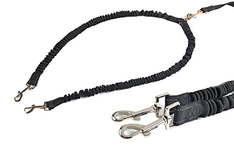 AWAMI Force Absorbing Bungee Double Dog Leash Comfort No Tangle Dual Leashes Elastic Adjustable for Two 2 Dogs Training Walking