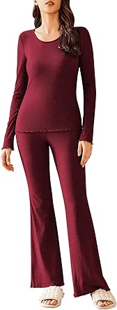 Ekouaer Women's Pajamas Set Comfy Long Sleeve Top and Flared Pants Loungewear Pj Set Slim 2 Piece, S-XXL