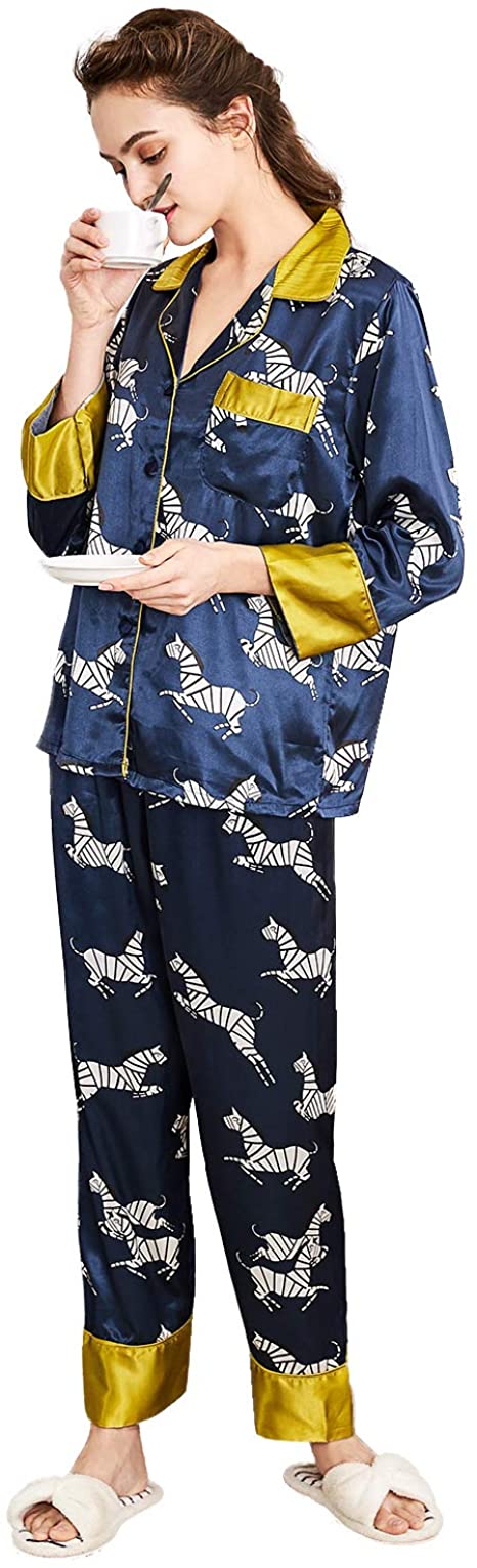 Belle Heure Women’s Silky Satin Long Sleeve Pajamas Button Down Floral Print Short PJ Set Loungewear Sleepwear