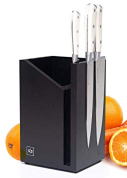 Magnetic Knife Block and Utensil Caddy, Black - Dual Purpose Design - Universal Knife Block without Knives and Black Utensil Holder