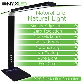 LED Desk Lamp 14W Adjustable Modern Desk Lamp by ONYXLED Dimmable Reading light w 3 Color Temperatures 5-Level Dimmer and USB Charging Port Piano Black and Glossy Finish