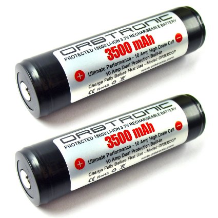 3500mAh ORBTRONIC Two 18650 PROTECTED PANASONIC 3.7V Rechargeable High Performance Li-ion Batteries - 10 Amp - For High Power 18650 Flashlights - Protective Battery Case Included