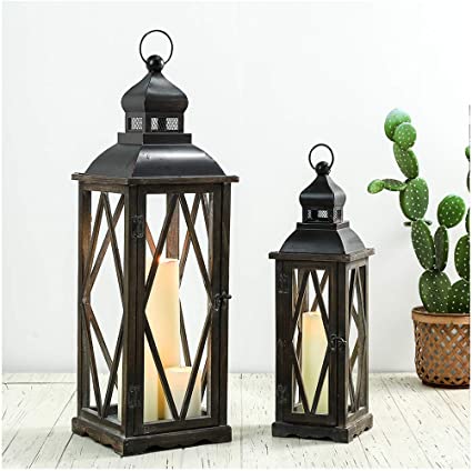 Glitzhome 2 Pack Farmhouse Wood/Metal Decorative Candle Lanterns Vintage Hanging Lantern for Patio - Tabletop, Black (No Glass)