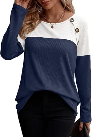 Zeagoo Women Waffle Knit Shirts Long Sleeve Colorblock Tee Button Detail Tunics