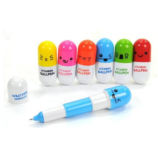 6PCS Smiling Face Pill Shape Ballpoint Pen Cute Cartoon Favor Retractable Ball Pen