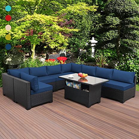 9 Pieces Patio Furniture Sectional Sofa Outdoor Wicker Furniture Couch Set with Blue Non-Slip Cushions Furniture Cover Black PE Rattan