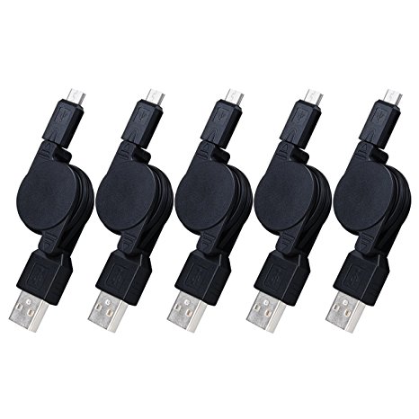 USB Retractable Cable, FiveBox Premium 5-Pack High Speed 2.5FT USB 2.0 A Male to Micro B Sync Data & Charge Cable for Android, Samsung Galaxy, HTC, LG, Sony, Blackberry and More Android Device