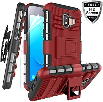 CaseTank for Samsung Galaxy J2 Core Case, Galaxy J2 Case,Galaxy J2 Dash/Galaxy J2 Pure case, J260,Galaxy J2 Shine Case W[HD Screen Protector] Built-in Kickstand Armor Belt Clip Protective case, PC-Red