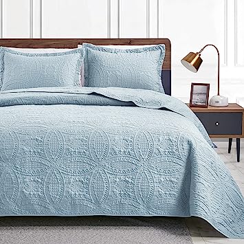 Love's cabin King Size Quilt Set Spa-Blue Bedspreads - Soft Bed Summer Quilt Lightweight Microfiber Bedspread- Modern Style Coin Pattern Coverlet for All Season - 3 Piece (1 Quilt, 2 Pillow Shams)