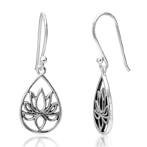 925 Sterling Silver Lotus Flower Blossom Teardrop Dangle Hook Earrings