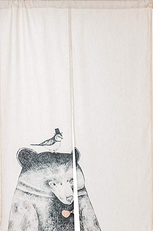 KARUILU home Japanese Noren Doorway Curtain/Tapestry 33.5" Width x 47.2" Long (Bear and Bird)