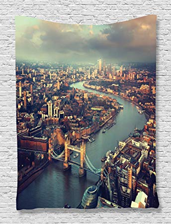 Ambesonne Urban Tapestry London View Decor, Panoramic Picture of Thames River and Tower Bridge Picture Print, Bedroom Living Kids Girls Boys Room Dorm Accessories Wall Hanging Tapestry, Teal Cream