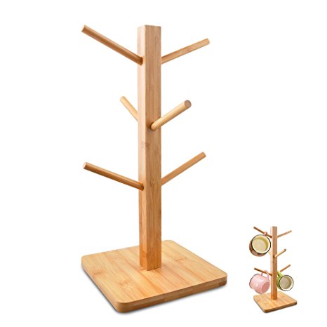 Cuteadoy Mug Rack Tree, Removable Bamboo Mug Stand, Storage Coffee Tea Cup Organizer Hanger Holder with 6 Hooks (Natural Wood)