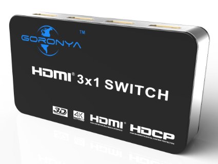 Goronya 3 Port HDMI Switch 4K x 2K Includes Remote Control | HQ 3 Port Switch | 3 x in / 1 x out | Dolby True HD / 3D Ready | 1080p | Intelligent Switch - Automatic and Manual Switch Function