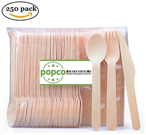 Disposable Wooden Cutlery set | 100% All-Natural, Eco-Friendly, Biodegradable, and Compostable - Because Earth is Awesome! Pack of 250 - 6.5” utensils (100 forks, 100 knives, 50 spoons)