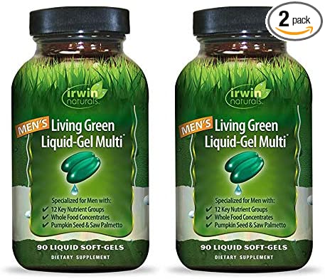 Irwin Naturals Men's Living Green Liquid-Gel Multi - 70 Essential Nutrients, Full-Spectrum Vitamins, Wholefood Blend - Targeted Adrenal & Brain Support - 90 Liquid Softgels (Pack of 2)