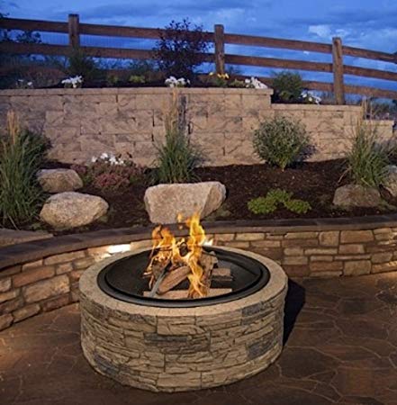 Cast Stone Wood Burning Fire Pit 35" Diameter Steel Base By Huntington Cove w/ 26" Mesh Screen Spark Protector w/ Lift Hook, Large Heat Resistant Fire Bowl, Appealing Medium Brown Simulated Stone Base